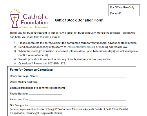 Stock Gift Form: Download the Form to Give to any Catholic Organization Through Stocks