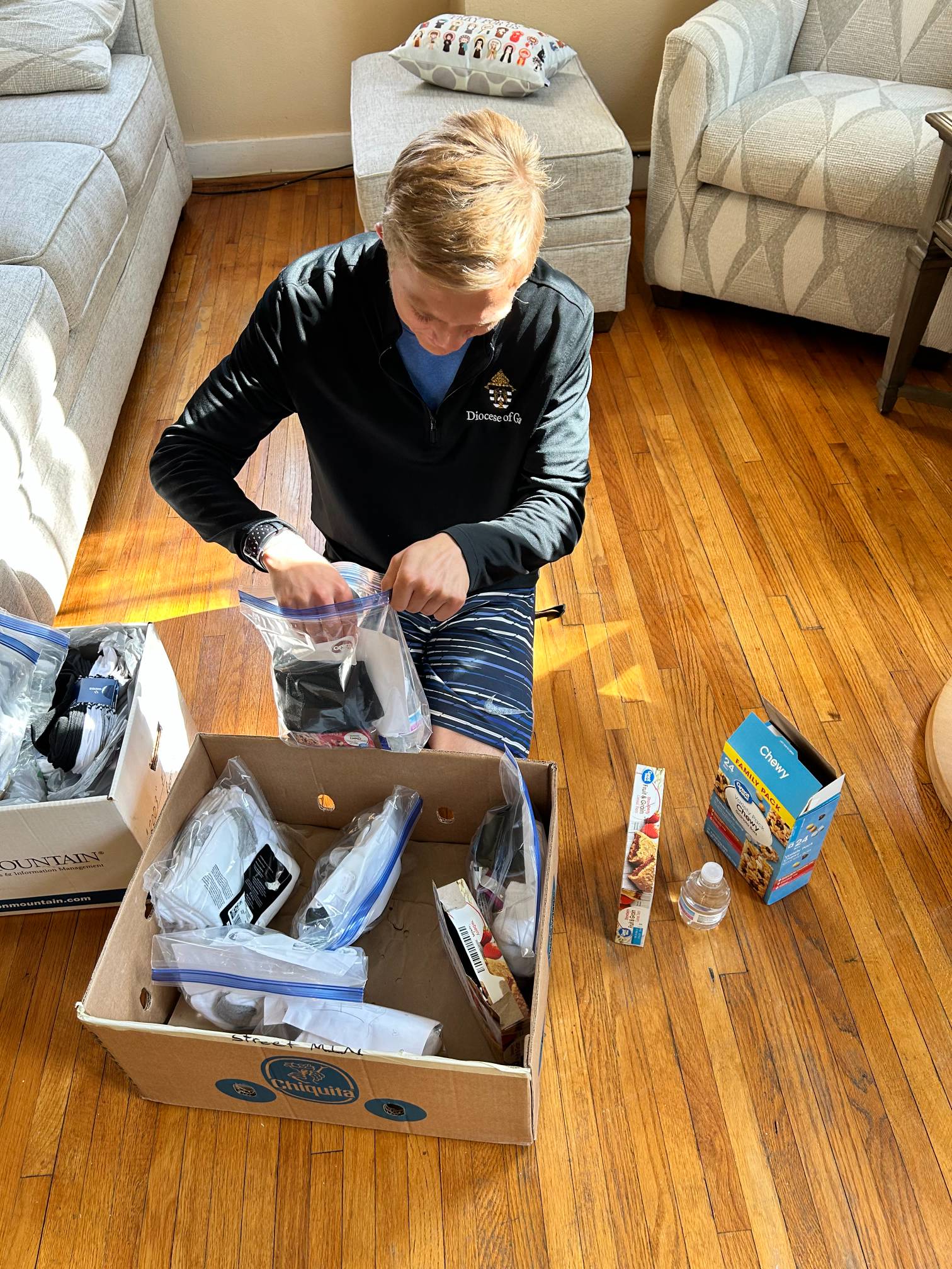 Roy assembling Blessing Bags